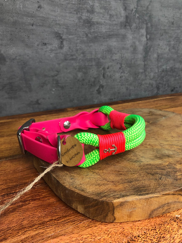 Halsband Ultra Neongrün  mit Biothane Passion Pink